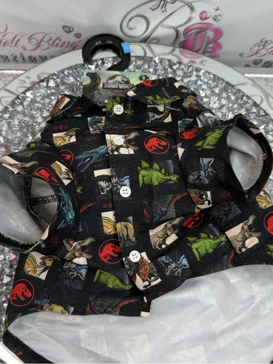 Jurassic World Pet shirt Button-Up Shirt - Black with Multicolor Dino Print - Picture 11 of 12